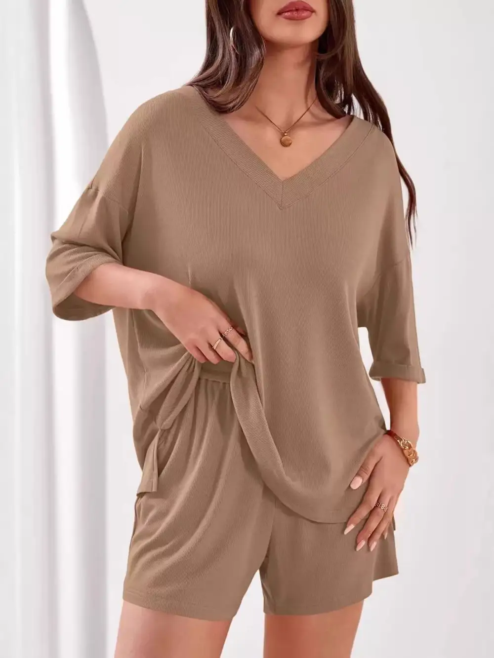 Casual Solid Color V Neck Top and Shorts Set