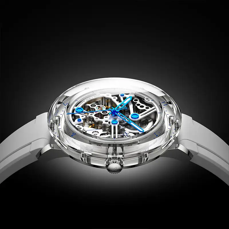 Sollen SL320 Men's Full Skeleton Automatic Mechanical Watch - 42mm K9 Glass Case Sandblasted Open Dial Fluororubber Strap Wristwatch