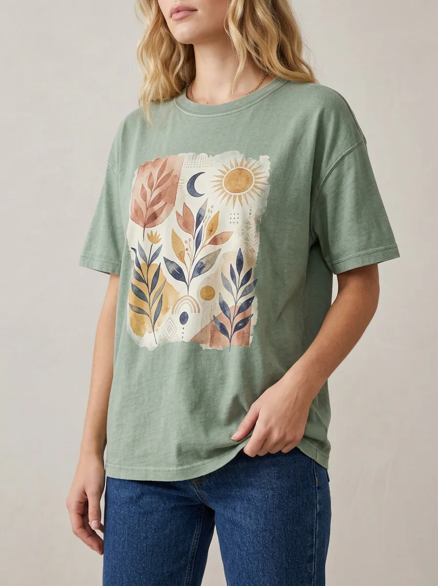 Women's Celestial Floral Sun Moon Graphic T-Shirt