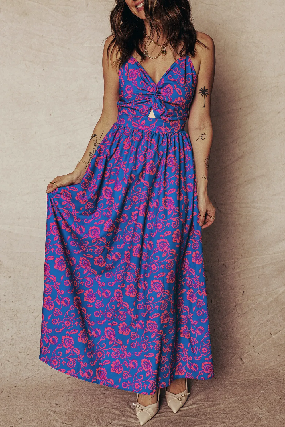 Blue Floral Tie Back Maxi Dress