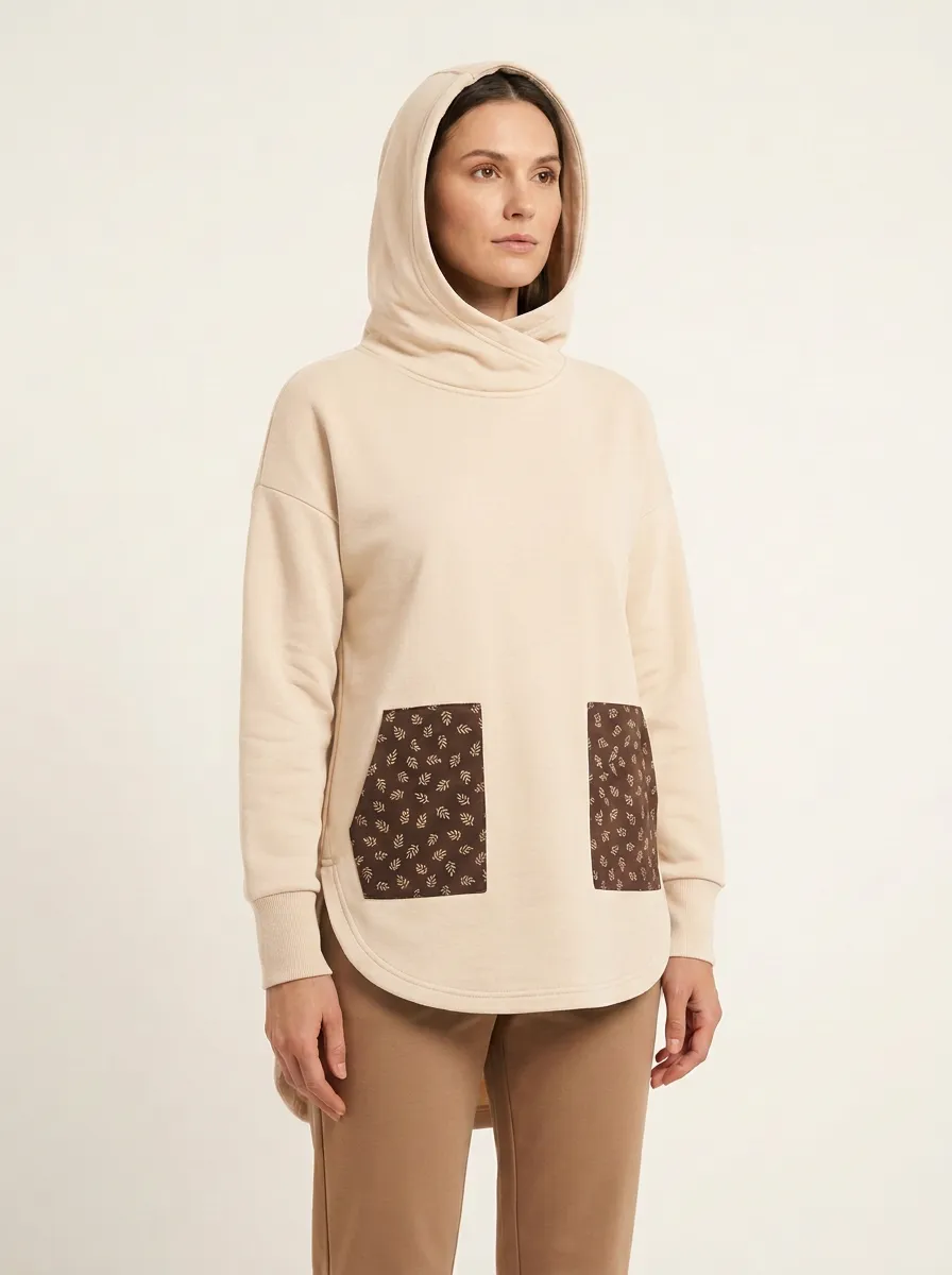 Women's Leaf-Pattern Patch-Pocket High-Low Hoodie