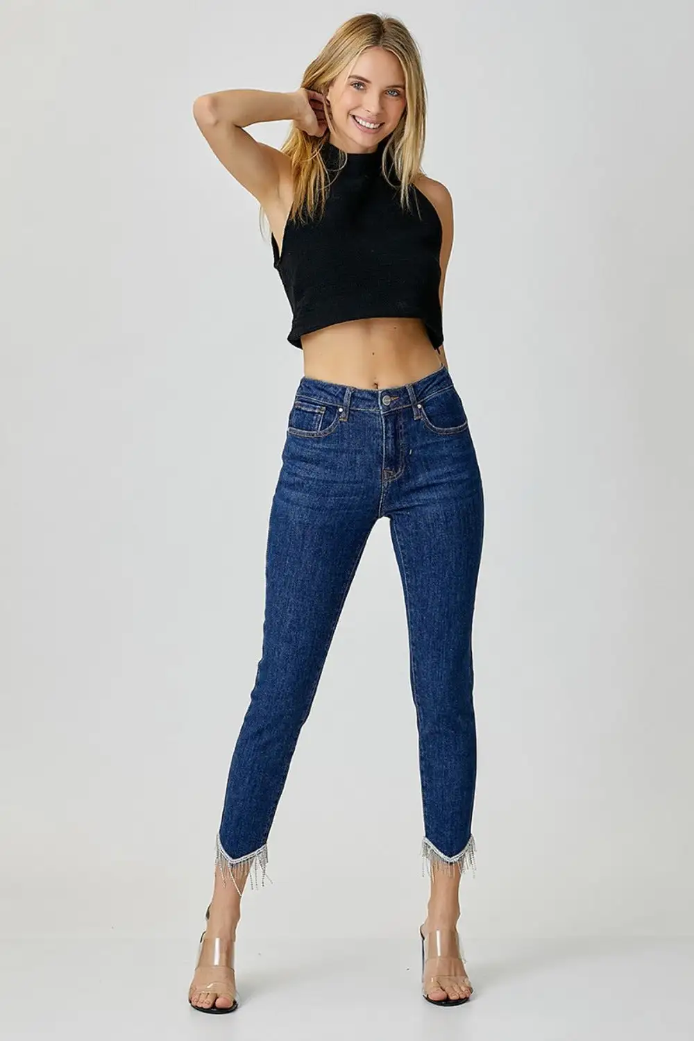 Embellished Mid Rise Crop Skinny Denim Jeans