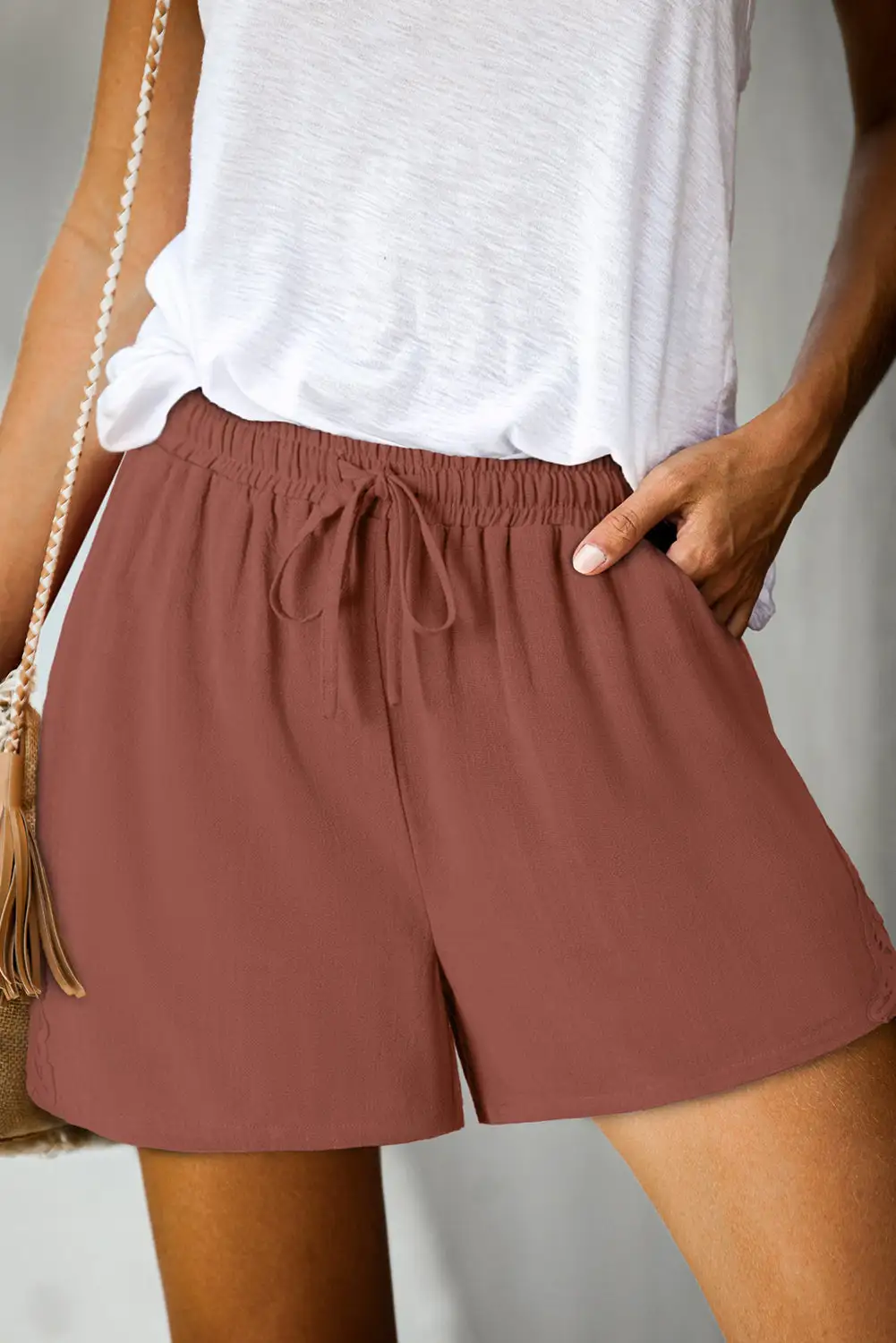 Lace Splicing Drawstring Elastic Waist Loose Linen Shorts