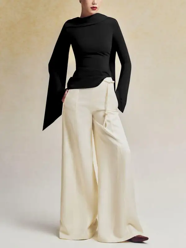 Flared Sleeve Long Sleeve Zip Detail Boat Neck T-Shirt