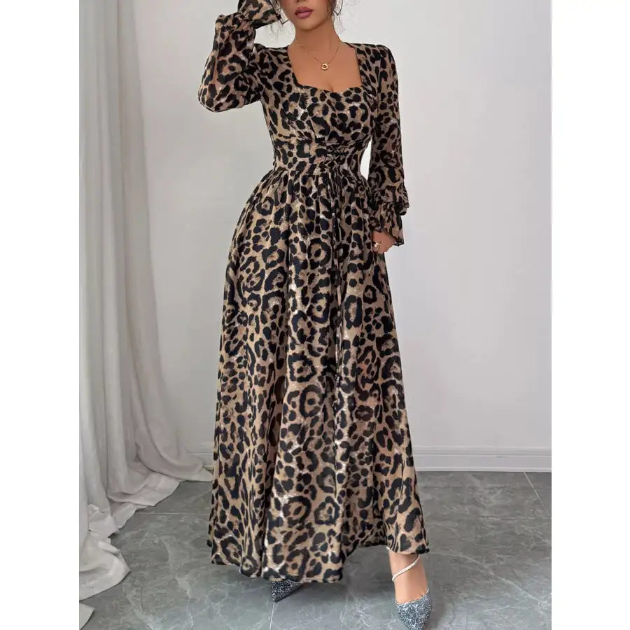 Leopard Sweetheart Neck Flounce Sleeve Maxi Dress