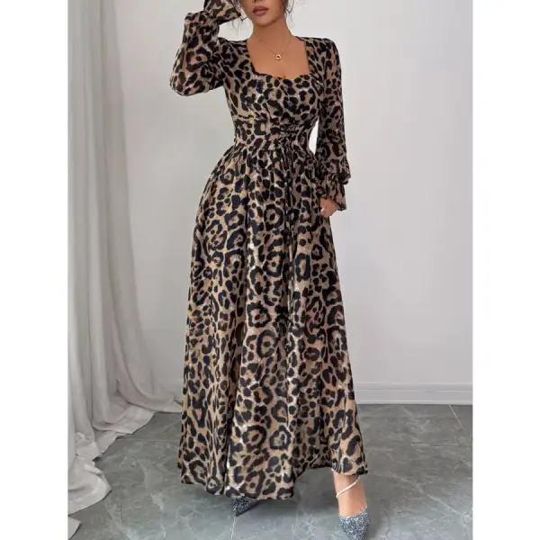 Leopard Sweetheart Neck Flounce Sleeve Maxi Dress