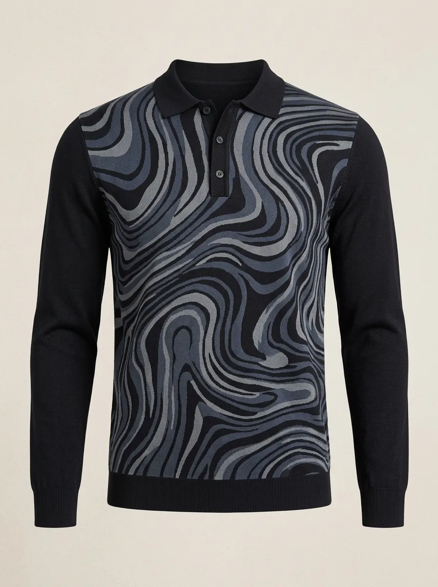Men's Abstract Marble Pattern Printed Long Sleeve Polo Shirt Everyday Design