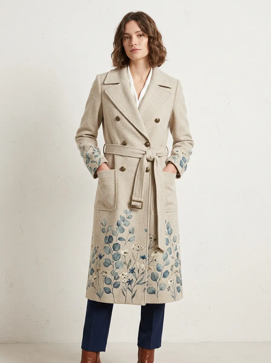 Women's Botanical Floral Eucalyptus Printed Trench Coat