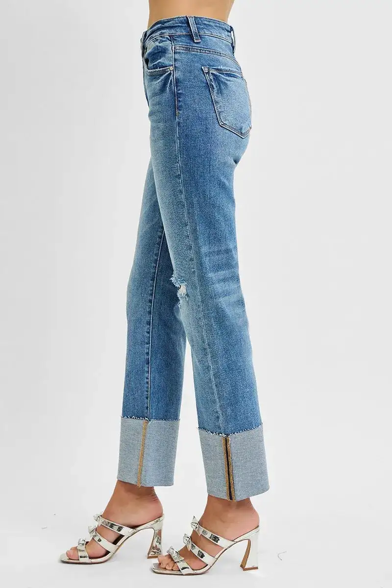 Balanced High Waist Wide Leg Cuffed Denim Jeans