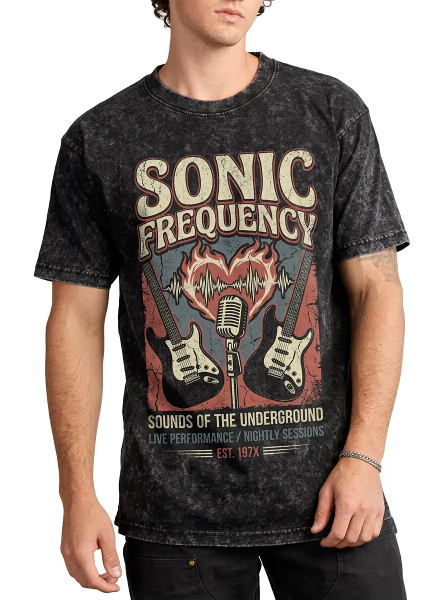 Men's Rock Music Lover Sonic Frequency Guitar Microphone Printed T-shirt