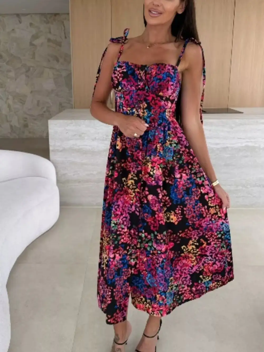 Printed Tie-strap Midi Dress