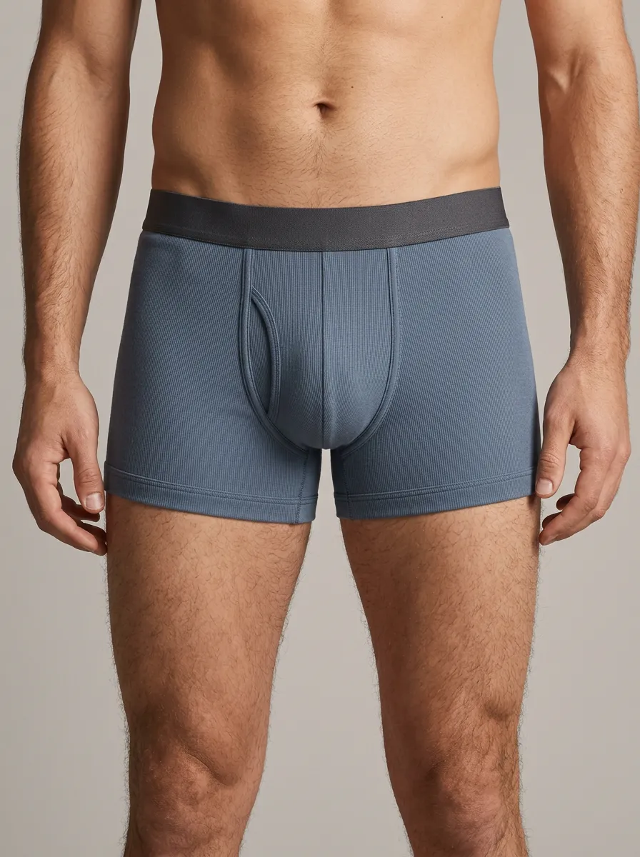 Men's Solid Blue Ribbed Cotton Boxer Briefs