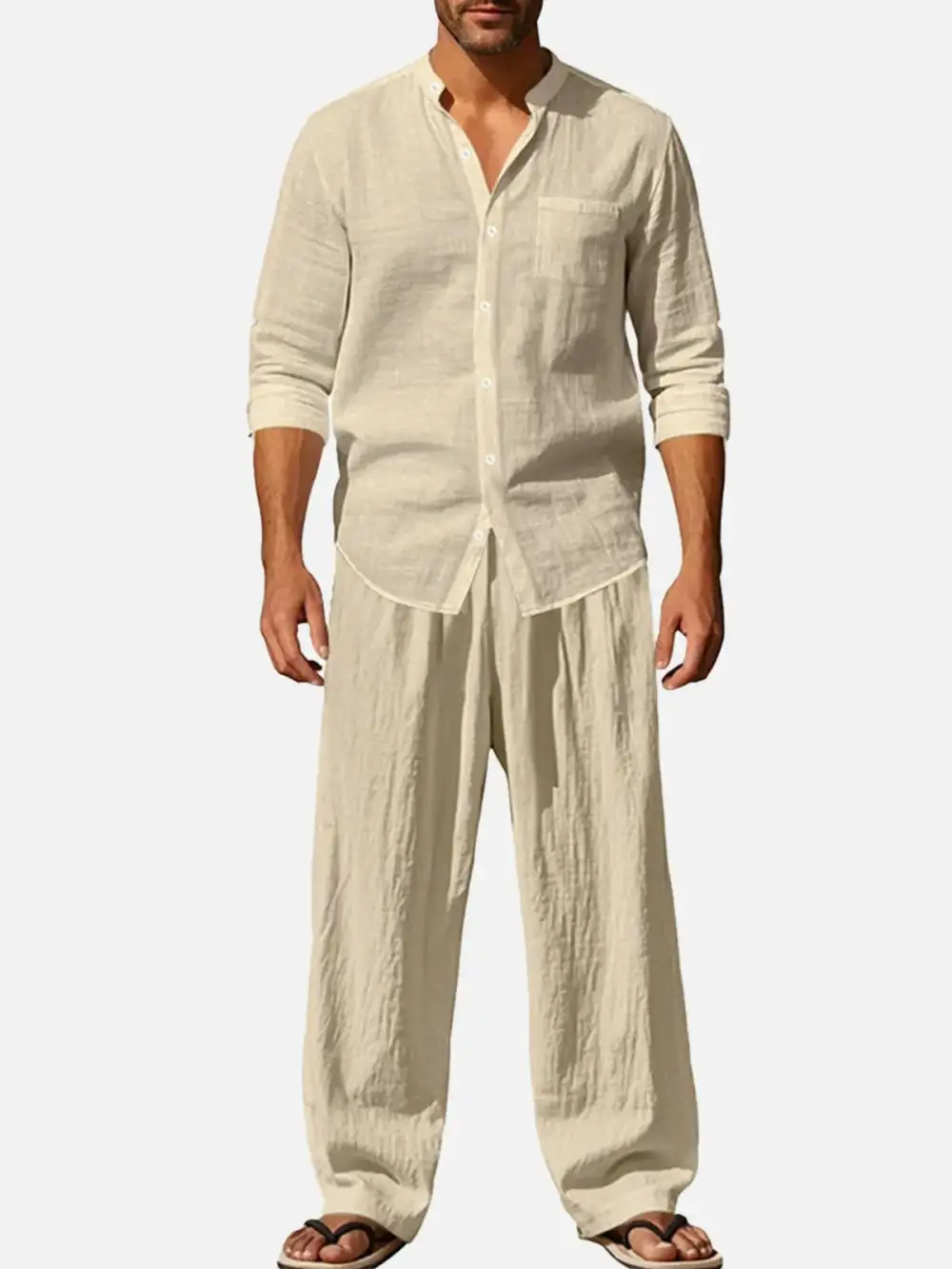Linen Long Sleeve Elastic Waist Wide Leg Set Slow Living Linen Ensemble