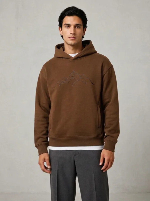 Men's Mountain Line Art Graphic Pullover Side-Pocket Hoodie