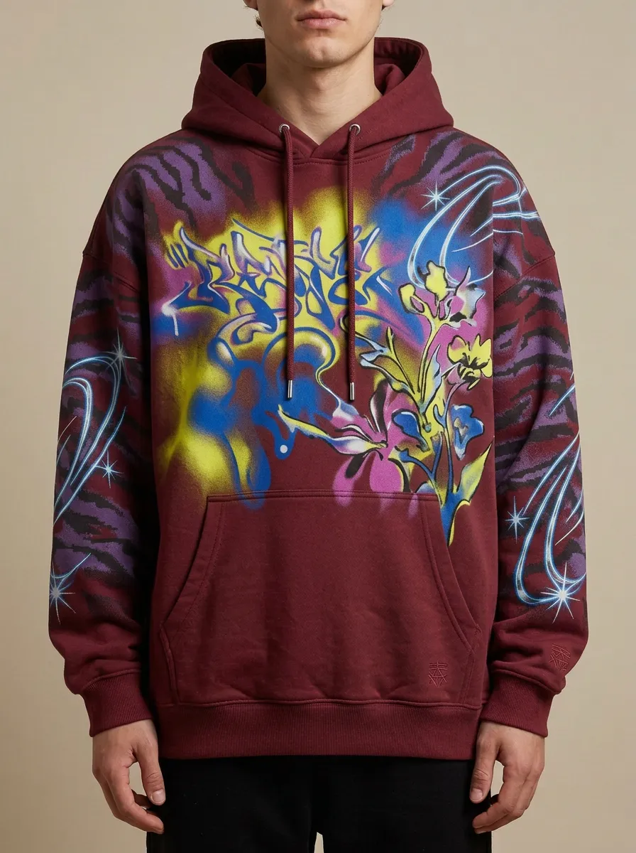 Unisex Streetwear Graffiti Tiger Stripe Floral Statement Graphic Hoodie