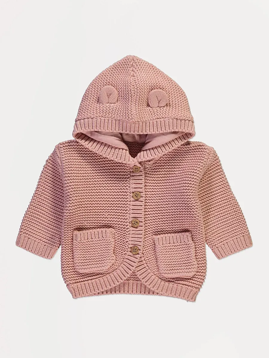Pink Knitted 3D Ear Hooded Cardigan
