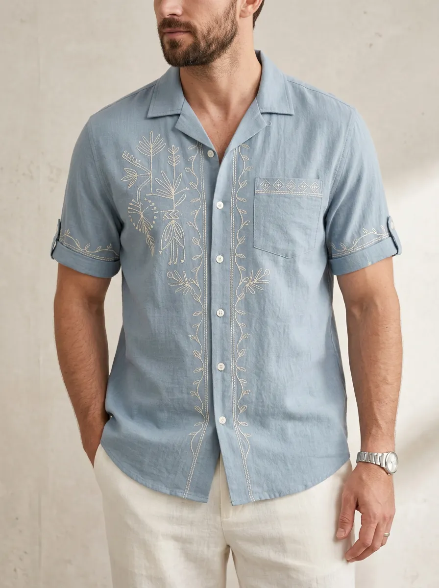 Men's Boho Inspired Floral Boho Embroidered Linen Shirt