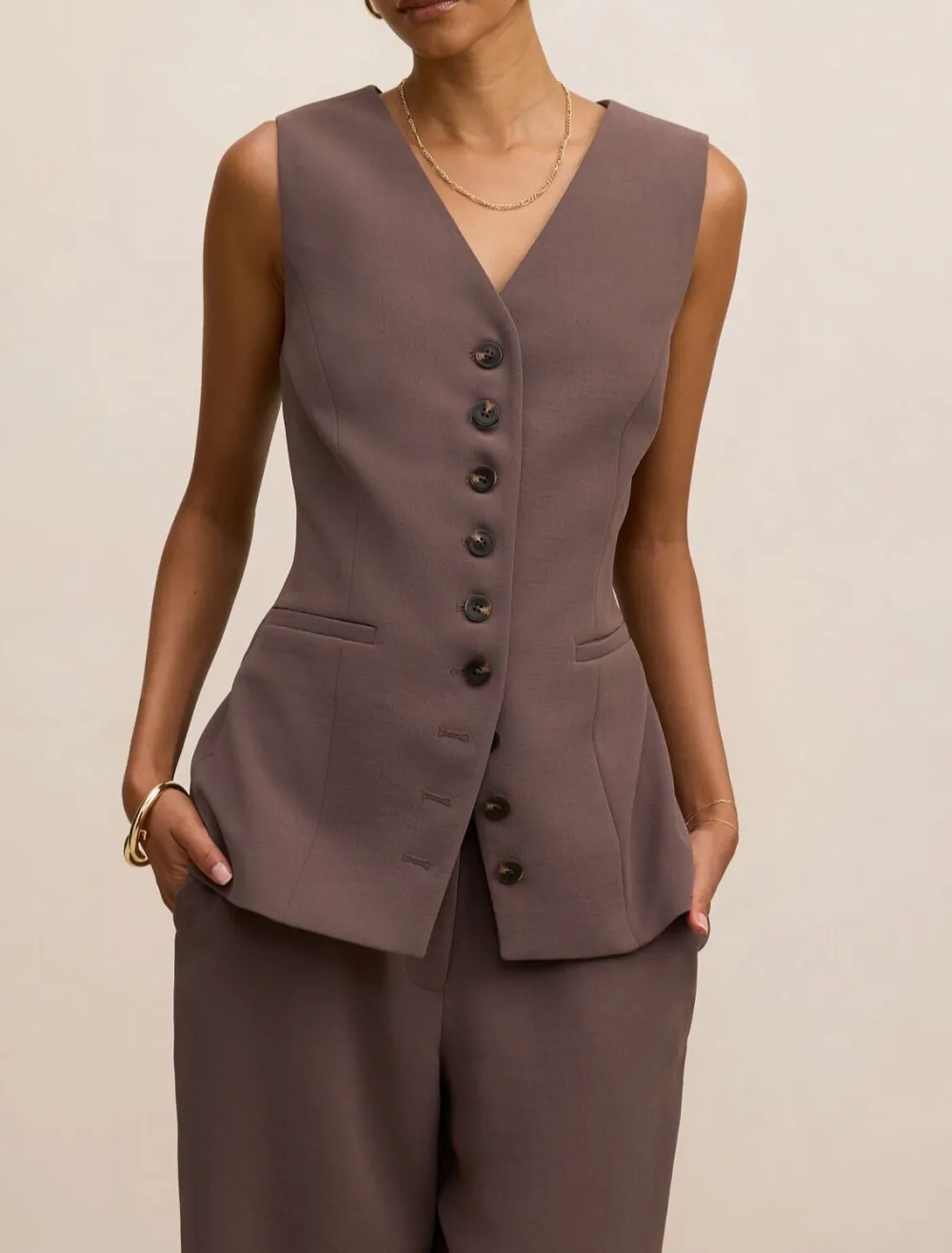 Taupe Petite Sleeveless Button-Down Waistcoat