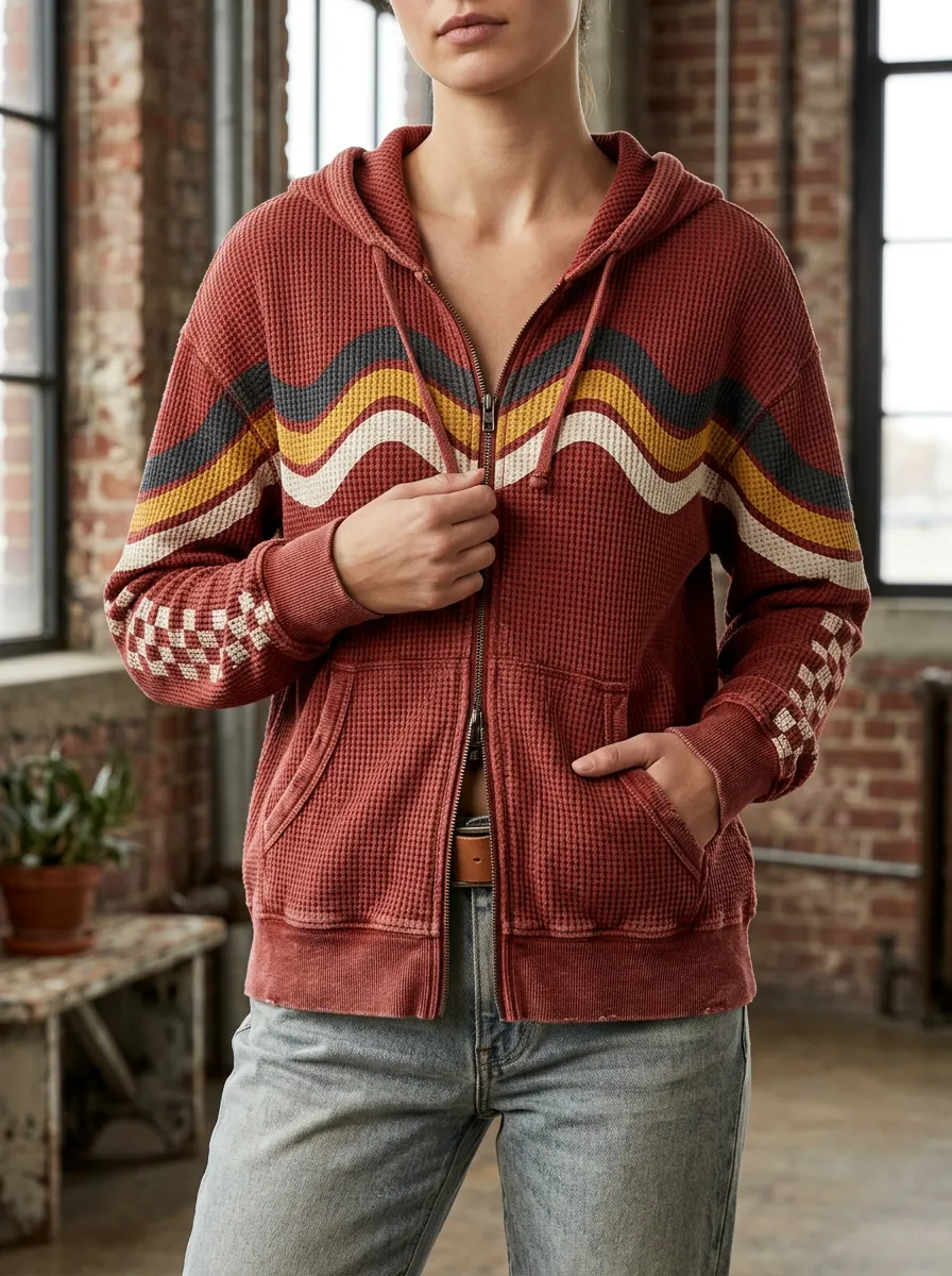Women's Retro Wavy Stripe Checkerboard Signature Motif Waffle Zip-Up Hoodie