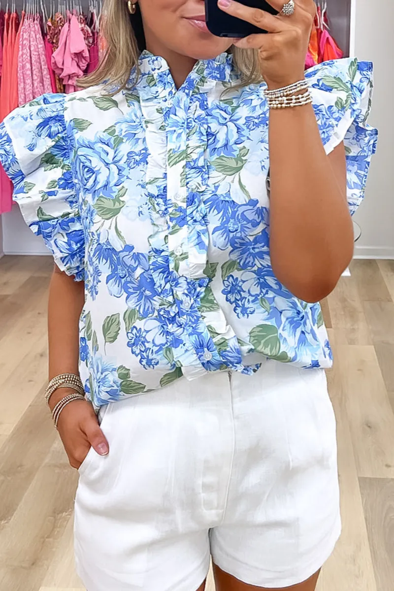 Floral Ruffled Button Front Shirt Blouse
