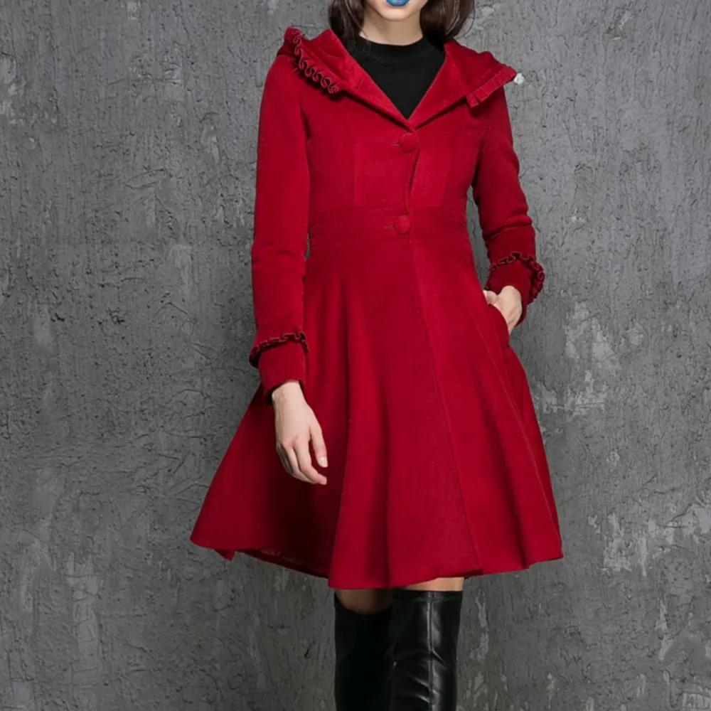 Wool Blend Fit and Flare Hooded Ruffle Trim Button Front Coat