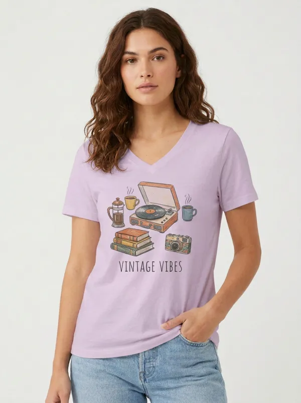 Women's Retro Record Player Books Camera Graphic V-Neck T-Shirt