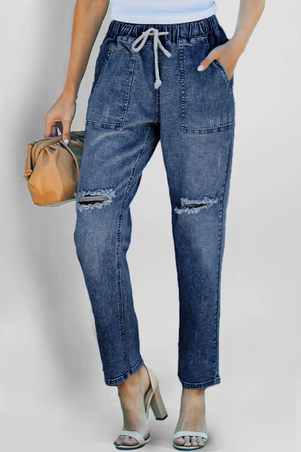 Women's Gather Round Distressed Pocketed Denim Jogger