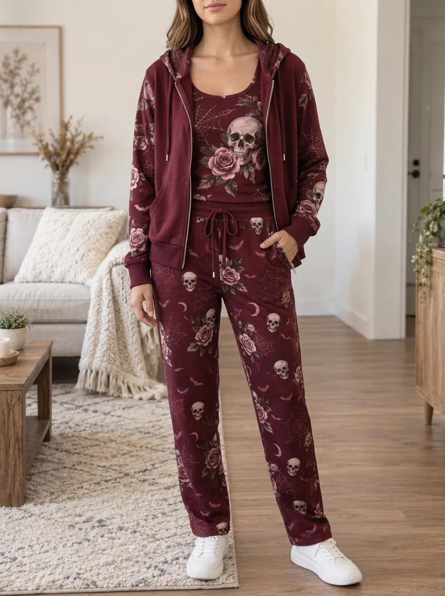 Women's Halloween Gothic Skull Rose Drawstring Jogger Lounge Set