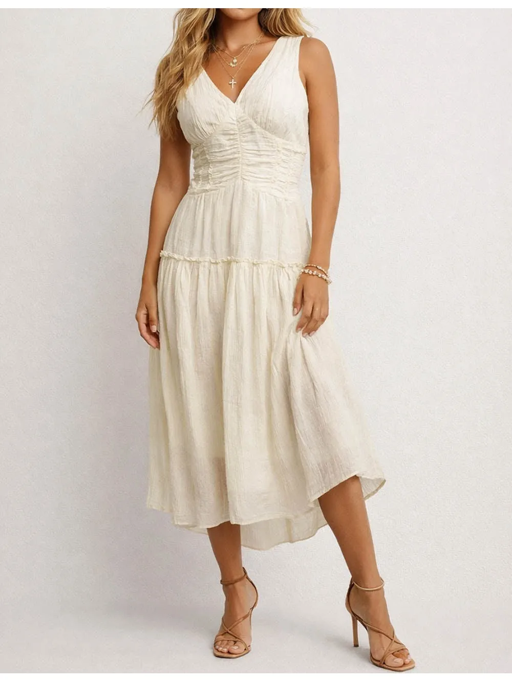 Wrap V Neck Ruched Waist Sleeveless Midi Dress