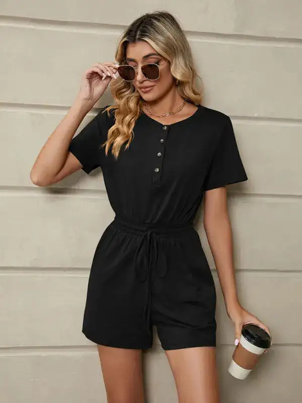 Knit Loose Short Sleeve Button Tie Shorts