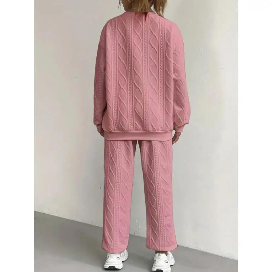 Relaxed Texture Round Neck Top and Pants Set