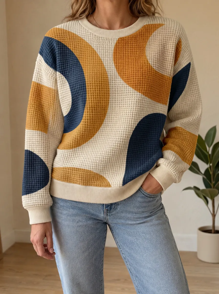 Women's Abstract Geometric Print Waffle Knit Crewneck Sweatshirt