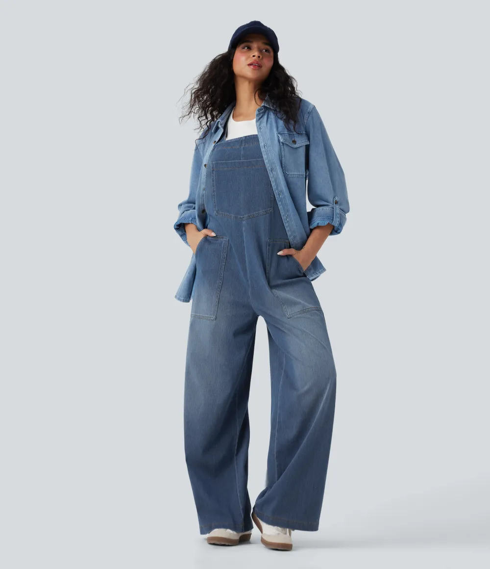  Square Neck Washed Denim Casual Overalls with Pockets