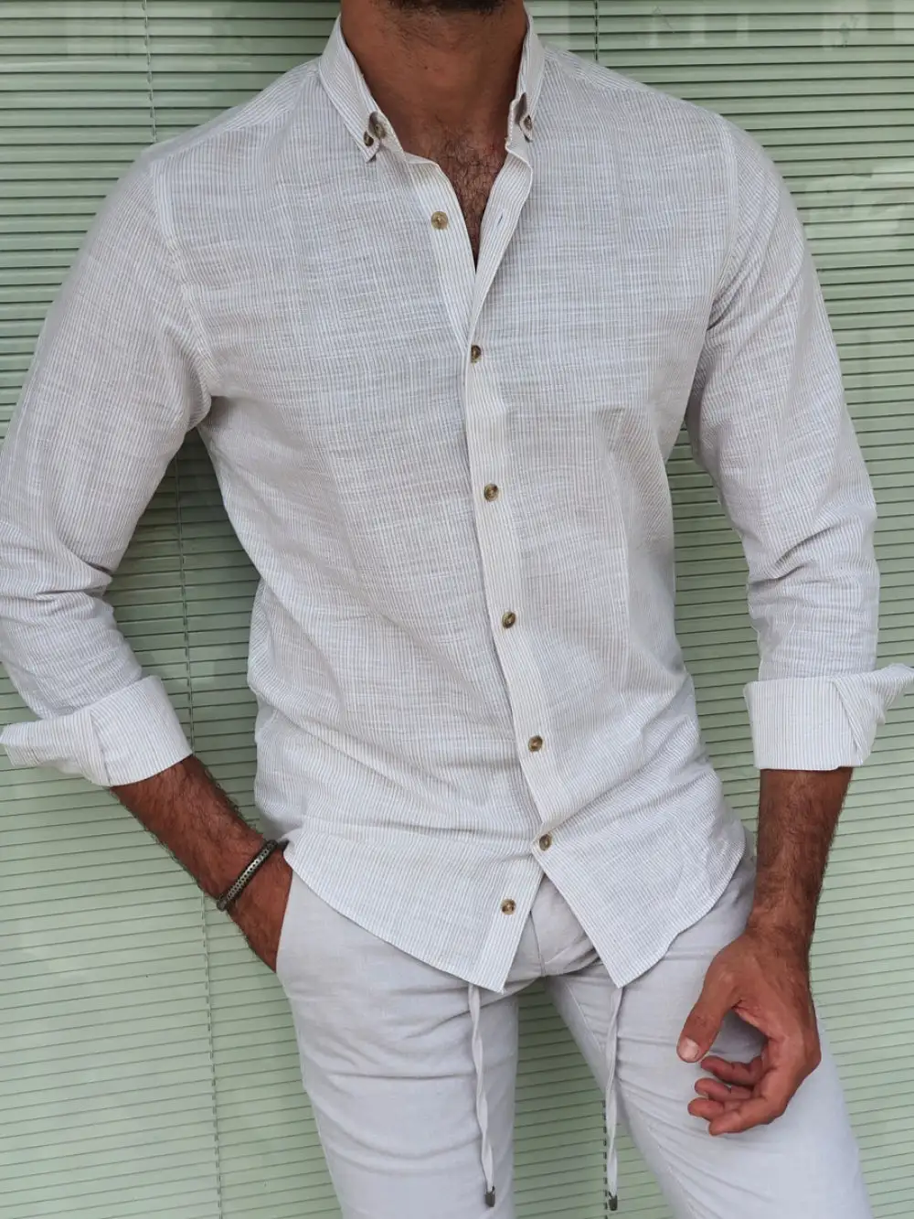 Slim Fit Striped Cotton Linen Casual Shirt