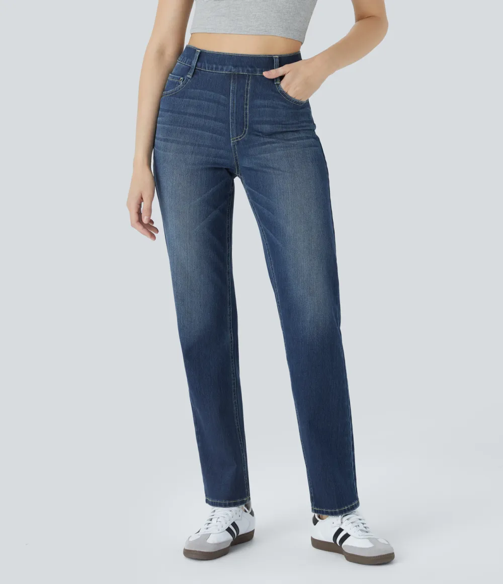 Magic High Waisted Multiple Pockets Straight Leg Washed Stretchy Knit Casual Jeans