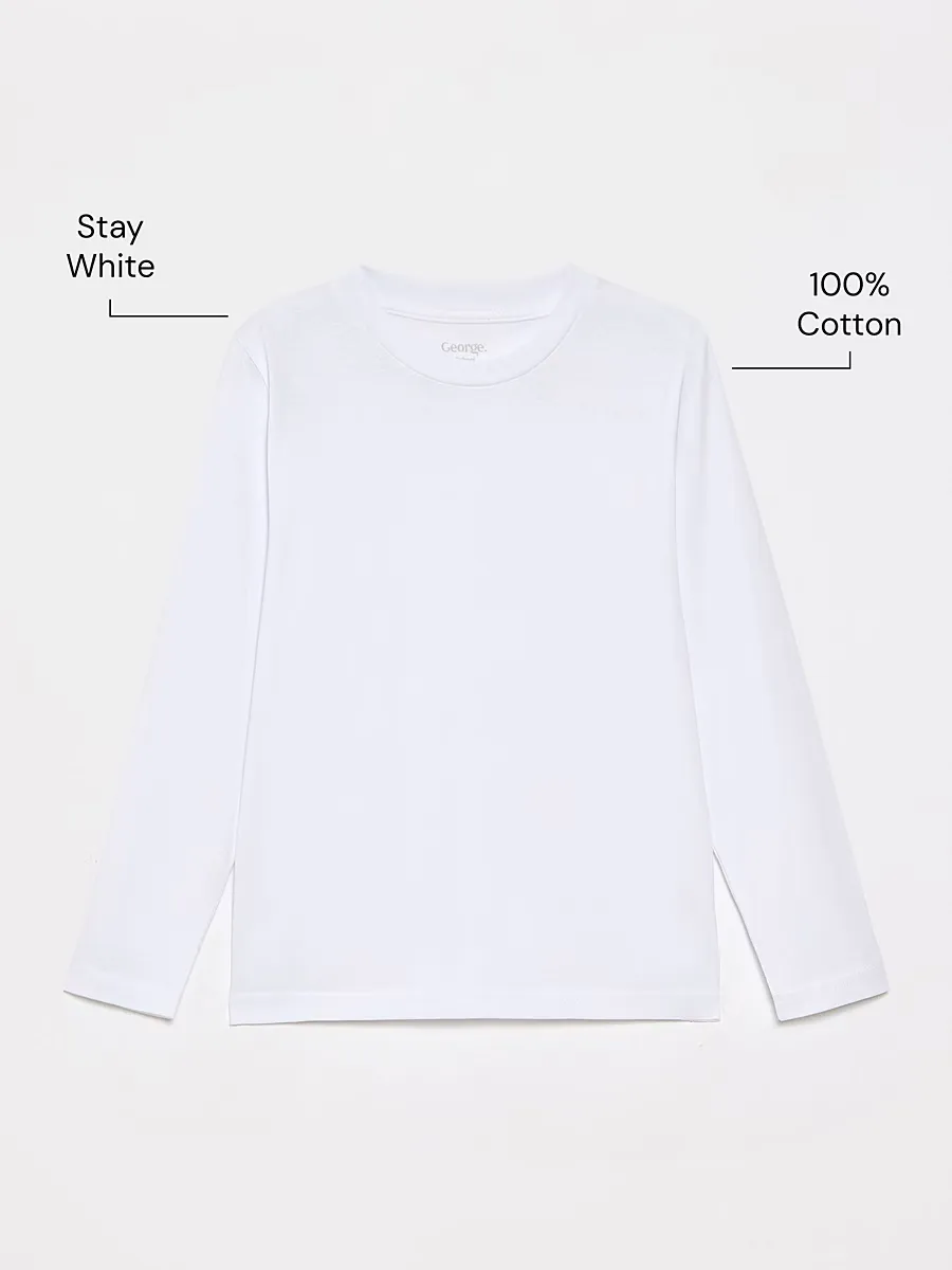 Boys White Crew Neck School Long Sleeve T-Shirt 2 Pack