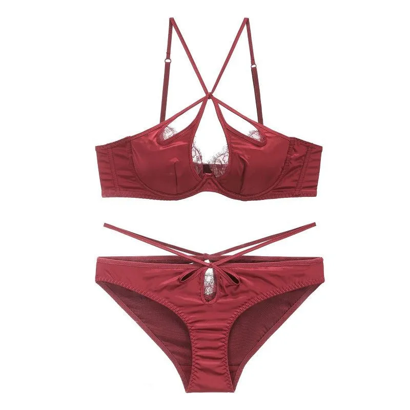 Satin Hollow Lace Bra And Panty Set