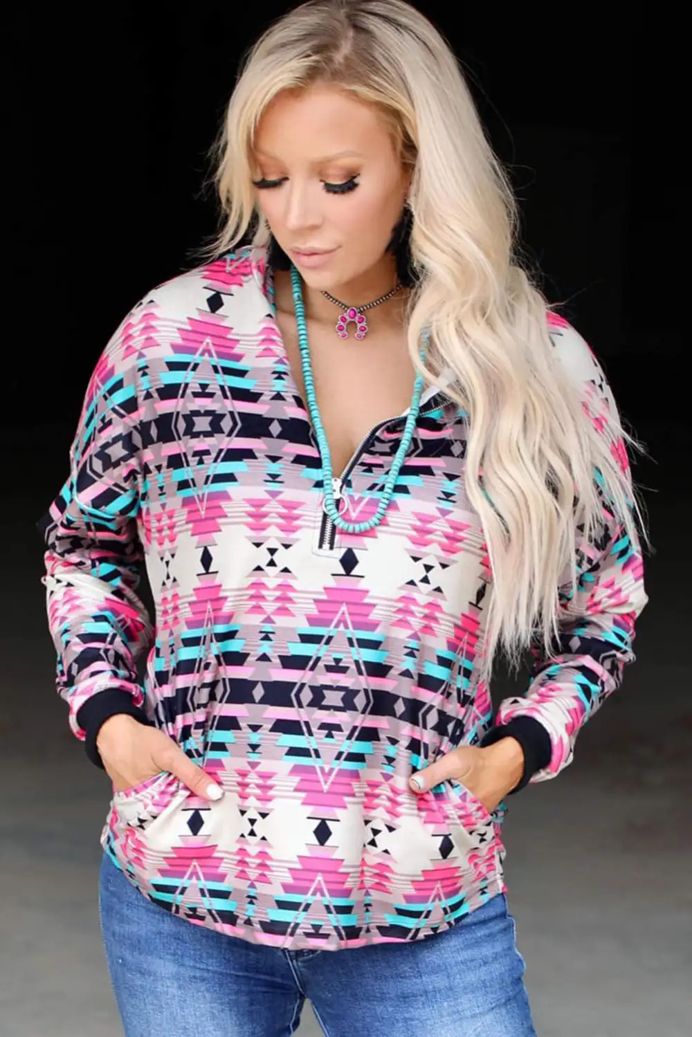 Western Aztec Pattern Zipped Turn Down Collar Sweatshirt