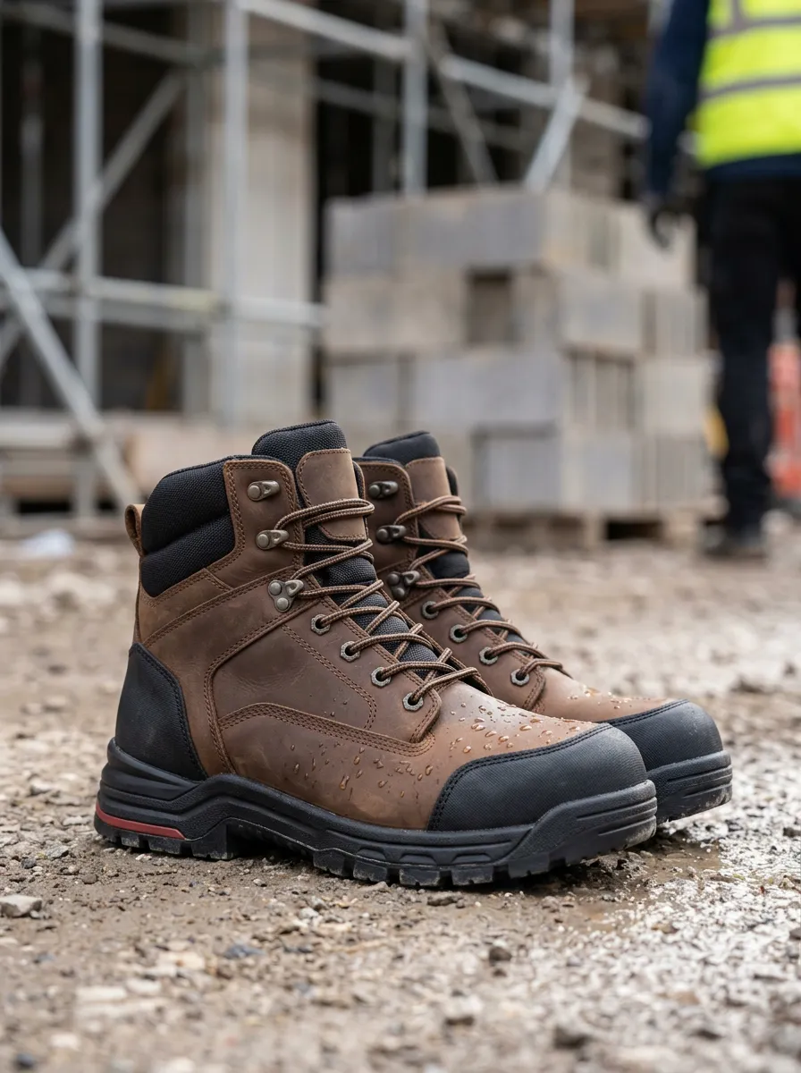 Men's Waterproof Brown Leather Construction Work Boots with Printed Detail
