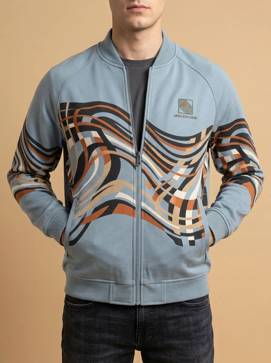 Wave Print Panel Detail Bomber Jacket