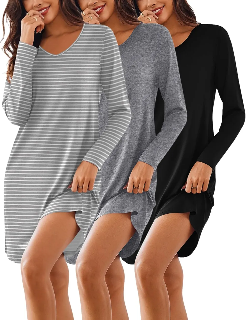 Ekouaer 3 Pack Long Sleeve Nightgowns for Women Casual Sleepwear Nightshirt