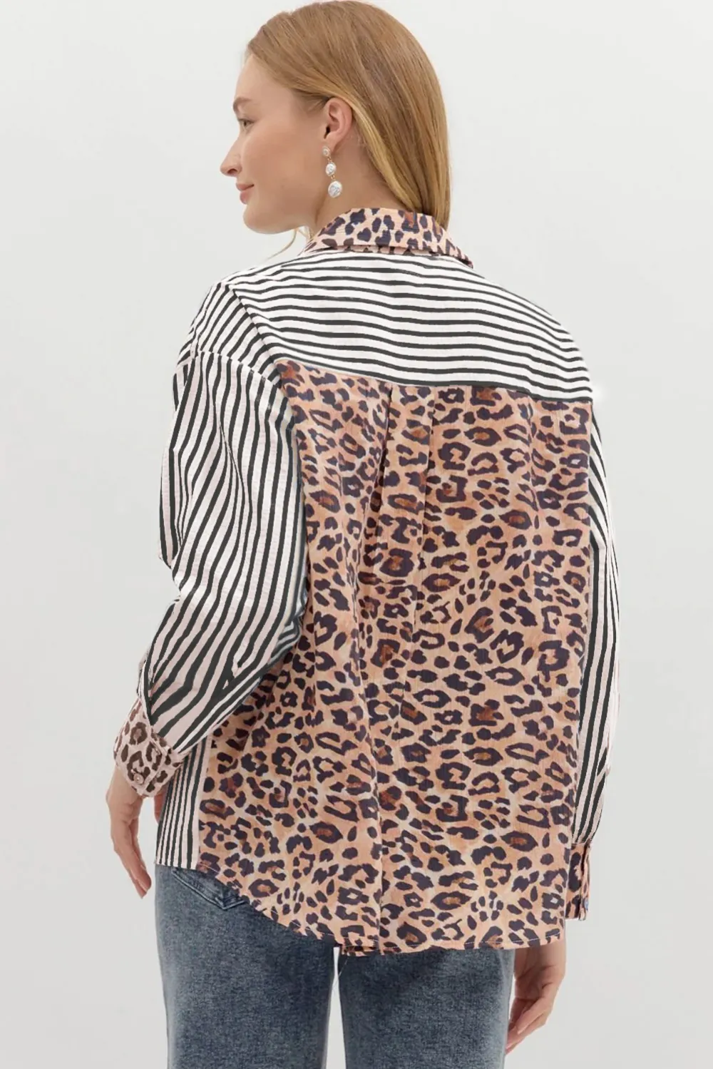 Black Striped Leopard Print Patchwork Shirt