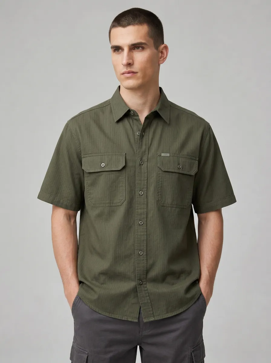 Men's Olive Green Tactical Utility Short Sleeve Button-Down Shirt