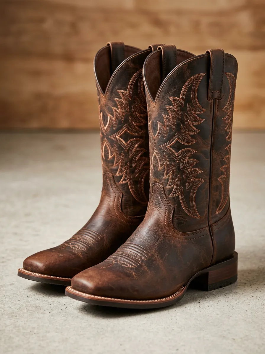 Classic Western Embroidered Distressed Leather-Look Classic Look Men's Western Cowboy Boots