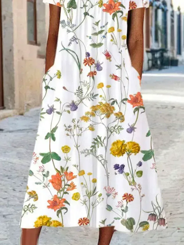 Blumenmuster Midi-Kleid Jersey Rundhals Kurzarm lässiger Stil Noracora