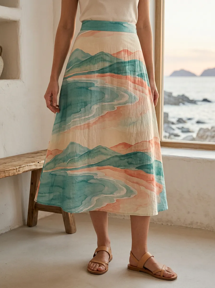 Women's Watercolor Landscape Print A-Line Midi Skirt