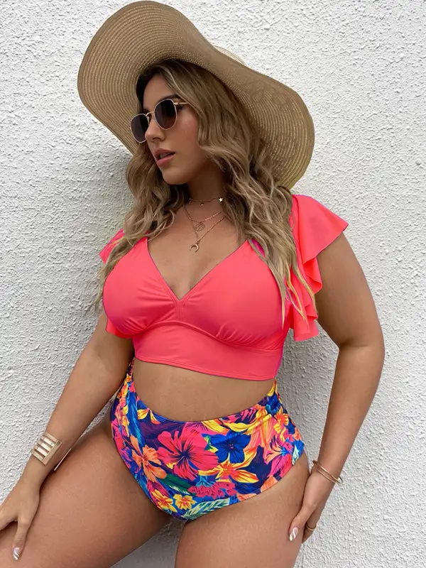 Plus Size Falbala V Neck Bikini Swim Set