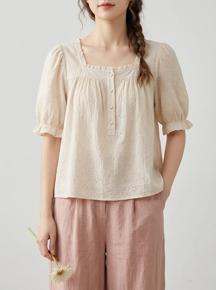 Embroidered Square-Neck Smocked Women's Puff-Sleeve Blouse