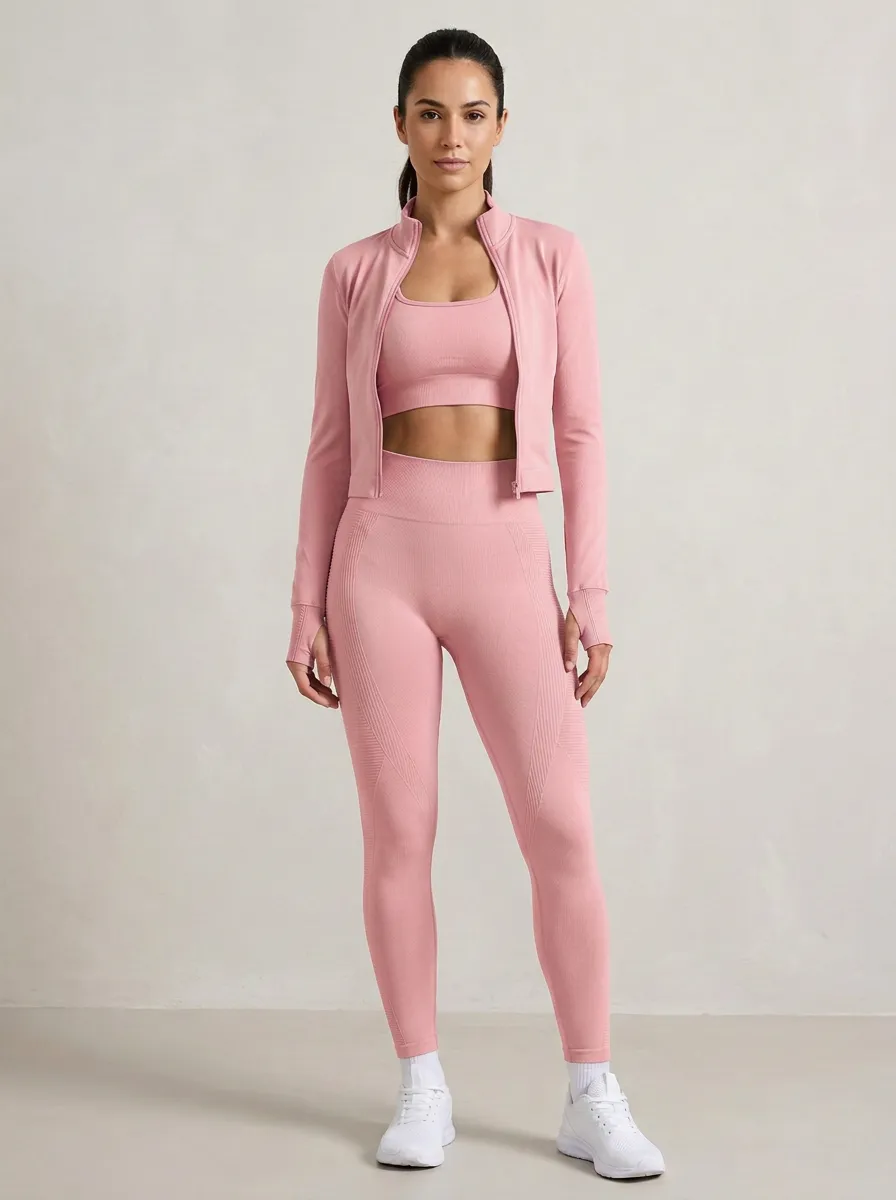 Training Ribbed Texture Seamless Design Finish Women's Three Piece Activewear Set