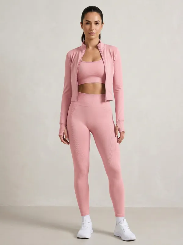 Training Ribbed Texture Seamless Design Finish Women's Three Piece Activewear Set
